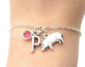 Pig Bracelet- birthstone and initial, Pig Jewelry, Pig Gift, Personalized Pig Piglet, Farm Gift for Her, Silver Pig Birthday Gift, Pig Charm