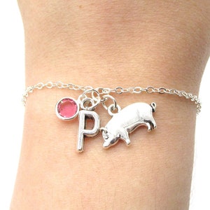 Pig Bracelet- birthstone and initial, Pig Jewelry, Pig Gift, Personalized Pig Piglet, Farm Gift for Her, Silver Pig Birthday Gift, Pig Charm