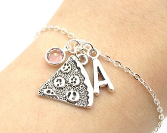 Pizza Bracelet- choose a birthstone and initial, Pizza Jewelry, Silver Pizza Bracelet, Personalized Pizza, Pizza Birthday Gift, Pizza Charm