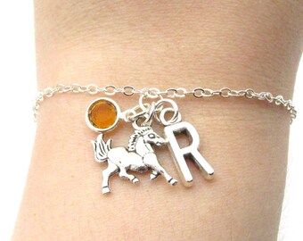 Horse Bracelet- birthstone and initial, Horse Jewelry, Horse Gift, Galloping Horse, Pony Birthday Gift, Silver Horse Charm, Horse Gift