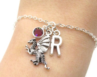 Dragon Bracelet- birthstone and initial, Dragon Jewelry, Dragon Gift, Dragon Charm, Silver Dragon, Dragon Birthstone, Dragon Birthday Gift