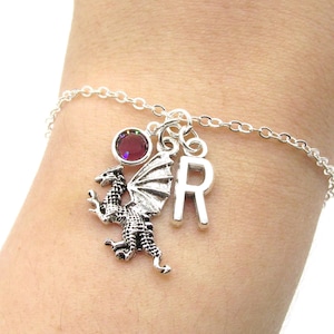 Dragon Bracelet- birthstone and initial, Dragon Jewelry, Dragon Gift, Dragon Charm, Silver Dragon, Dragon Birthstone, Dragon Birthday Gift