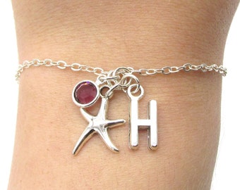 Starfish Bracelet- birthstone and initial, Starfish Jewelry, Ocean Jewelry, Beach Bracelet, Starfish Charm, Nautical Gift, Beach Wedding