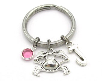 Crab Keychain- birthstone and initial, Crab Keyring, Beach Accessories, Beach Bag Charm, Beach Gift, Beach Creatures, Crabby Gag Gift