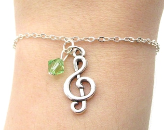 Treble Clef Bracelet- choose a birthstone, Treble Clef Jewelry, Music Bracelet, Music Jewelry, Birthstone Music Bracelet, Music Teacher Gift