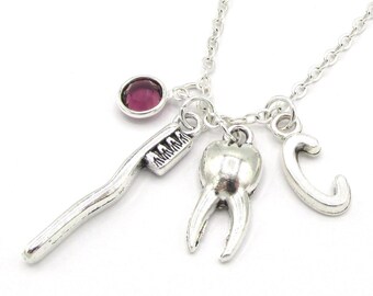 Dental Necklace- birthstone and initial, Dentist Jewelry, Dental Hygienist Gift, Tooth Brush Charm, Tooth Jewelry, Tooth Fairy Gift, Dental