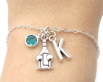 Wine Charm Bracelet- birthstone and initial, Wine Jewelry, Wine Lover Gift, Wine Accessories, Personalized Wine, Friendship Bracelets, Wine