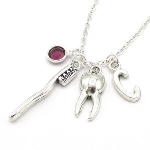 Dental Necklace- birthstone and initial, Dentist Jewelry, Dental Hygienist Gift, Tooth Brush Charm, Tooth Jewelry, Tooth Fairy Gift, Dental