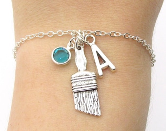Paintbrush Charm Bracelet- birthstone and initial, Paintbrush Jewelry, Gift for Artist, I Love to Paint, Artist Jewelry Accessories for Her