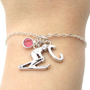 Ski Charm Bracelet- birthstone and initial, Ski Jewelry, Ski Lover Gift, Ski Accessories, Skiing Charm, Winter Sports Jewelry, I Love to Ski