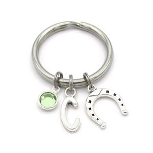 Horseshoe Keychain- birthstone and initial, Horseshoe Keyring, Good Luck Gift, Horse Birthday, Horseshoe Accessories, Friendship Gift