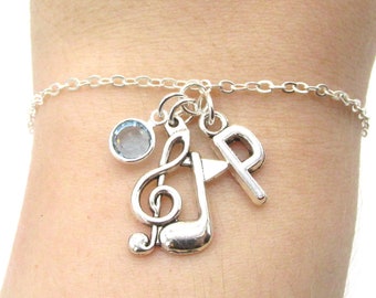 Music Bracelet- birthstone and initial, Music Jewelry, Music Gift for Her, Treble Clef and Eighth Note Charm Bracelet, Music Note Jewelry