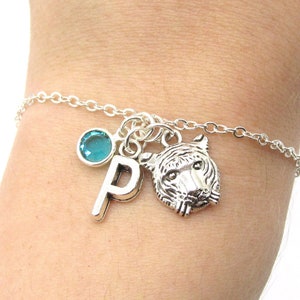 Tiger Bracelet- birthstone and initial, Tiger Jewelry, Tiger Charm, Tiger Gift, Tiger Accessories, Zoo Keeper Gift, Tiger Charm Bracelet