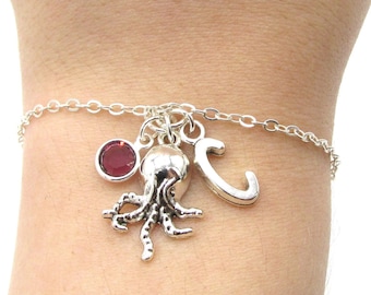 Octopus Bracelet- birthstone and initial, Octopus Jewelry, Octopus Gift, Octopus Charm Bracelet, Octopus Accessories, Ocean Jewelry Gift