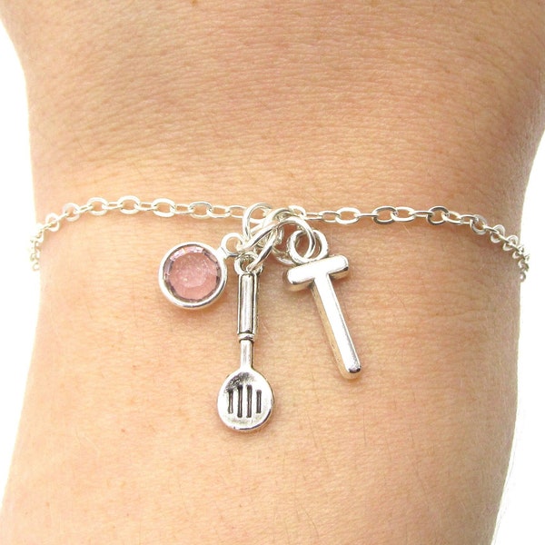 Chef Bracelet- birthstone and initial, Chef Jewelry, Chef Gift, Chef Accessories, Cooking Bracelet, Gift for Cook, Spatula Charm, Charm Gift