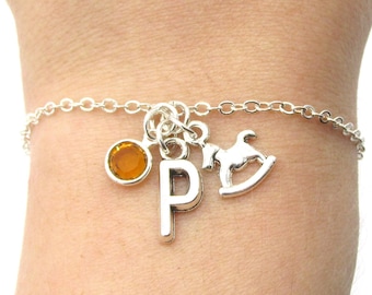 Rocking Horse Charm Bracelet- birthstone and initial, Rocking Horse Jewelry, Gift for New Mom, Expectant Mother Birthday Shower Gift, Horse