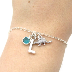 Stegosaurus Dinosaur Bracelet- birthstone and initial, Dinosaur Jewelry, Dinosaur Charm Bracelet, Archaeology Jewelry, Personalized Gift