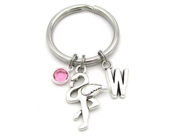 Flamingo Keychain- birthstone and initial, Flamingo Keyring, Flamingo Gift, Flamingo Birthday, Flamingo Accessories, Bird Keychain for Her