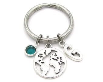 Earth Keychain- birthstone and initial, World Keyring, Traveler Gift, World Globe Charm, Travel Accessories, History Teacher, Globe Trotter