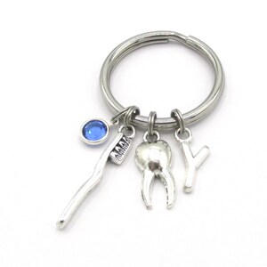 Dental Keychain- birthstone and initial, Dental Keyring, Dentist Accessories, Dental Hygienist Gift, Toothbrush Charm, Tooth Accessories