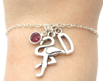 Flamingo Bracelet- birthstone and initial, Flamingo Jewelry, Flamingo Gift, Flamingo Charm, Flamingo Birthday, Flamingo Party, Bird Jewelry