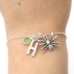Spider Bracelet- birthstone and initial, Spider Jewelry, Halloween Jewelry, Creepy Jewelry, Arachnid Bracelet, Spider Charm Bracelet Gift