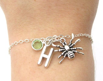 Spider Bracelet- birthstone and initial, Spider Jewelry, Halloween Jewelry, Creepy Jewelry, Arachnid Bracelet, Spider Charm Bracelet Gift