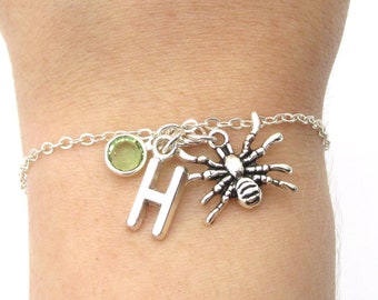 Spider Bracelet- birthstone and initial, Spider Jewelry, Halloween Jewelry, Creepy Jewelry, Arachnid Bracelet, Spider Charm Bracelet Gift