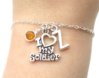 I Love My Soldier Bracelet- choose a birthstone and initial, Soldier Jewelry, Army Mom Jewelry, Army Wife Jewelry, Military Mom Gift for Her