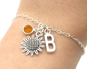 Sunflower Bracelet- birthstone and initial, Sunflower Jewelry, Sunflower Gift, Sunflower Charm Bracelet, Floral Jewelry, Kansas Summer Gift