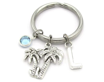 Palm Trees Keychain- birthstone and initial, Tropical Keyring, Beach Accessories, Florida Gift, Hawaii Gift, Palm Trees Bag Charm, Tropical