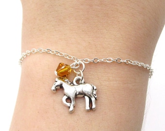 Horse Bracelet- choose a birthstone, Horse Jewelry, Horse Birthstone, Horse Charm Bracelet, Pony Bracelet, Pony Jewelry, Horse Birthday Gift