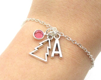 Christmas Charm Bracelet- birthstone and initial, Christmas Tree Jewelry, Christmas Gift, Tree Bracelet, Tree Jewelry, Holiday Accessories