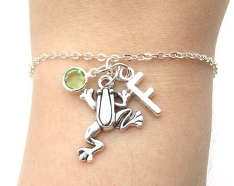 Frog Bracelet- birthstone and initial, Frog Jewelry, Frog Gift, Toad Jewelry, Frog Birthday Gift, Silver Frog Charm, Miniature Frog for Her