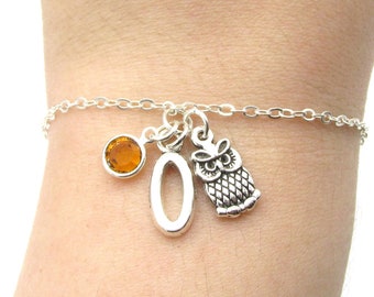 Owl Bracelet- choose a birthstone and initial, Owl Jewelry, Silver Owl Bracelet, Owl Charm Bracelet, Personalized Owl, Owl Gift, Owl Charm