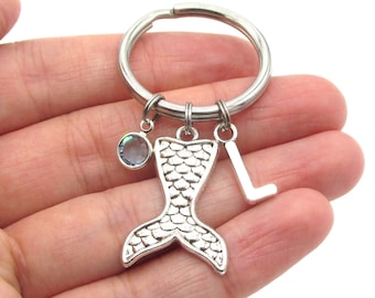 Mermaid Keychain- birthstone and initial, Mermaid Tail Keyring, Mermaid Gift, Mermaid Accessories, Mermaid Charm, Sea Life Keyring for Her