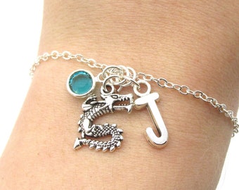 Dragon Bracelet- birthstone and initial, Chinese Dragon Gift, Dragon Jewelry, Dragon Charm, Dragon Accessories, Dragon Charm Bracelet