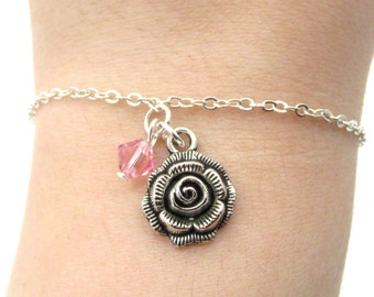 Rose Bracelet- choose a birthstone, Rose Birthstone, Flower Bracelet, Rose Jewelry, Flower Jewelry, Rose Charm Bracelet, Rose Gift