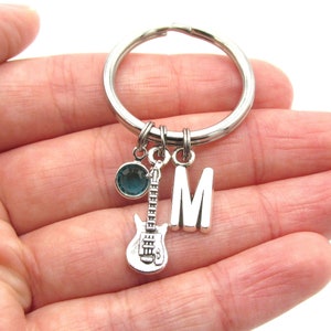 Electric Guitar Keychain- birthstone and initial, Electric Guitar Keyring, Guitar Accessories, Guitar Bag Charm, Music Gift, Rock Star Gift