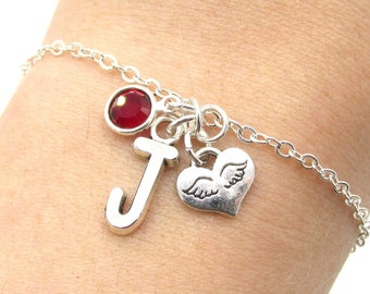 Angel Wings Charm Bracelet- birthstone and initial, Memorial Bracelet, Memorial Loss Gift, Baby in Heaven Memorial Gift, In Memory Of, Mourn