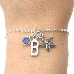 Starfish Bracelet- birthstone and initial, Starfish Jewelry, Starfish Gift, Beach Accessory, Ocean Jewelry, Nautical Starfish Charm Bracelet