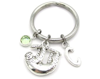 Sloth Keychain- birthstone and initial, Sloth Keyring, Sloth Gift, Sloth Birthday, Sloth Accessories, Animal Keychain, South America Gift