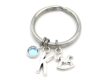 Rocking Horse Keychain- birthstone and initial, Rocking Horse Keyring, Gift for New Mom, Expectant Mother Accessories, Personalized Keyring