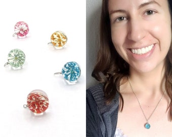 Floral Glass Globe Necklace- 5 Color Choices! Terrarium Pink Blue Green Yellow Red Round Flower Pendant Necklace - Botanical Flower Jewelry