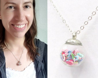 Rainbow Hearts Necklace- Multicolor Glitter Confetti Hearts inside a Glass Globe Pendant- Heart I Love You Jewelry Gift for Her- Heart Charm