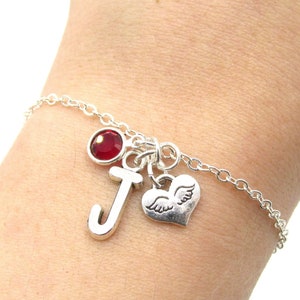 Angel Wings Charm Bracelet- birthstone and initial, Memorial Bracelet, Memorial Loss Gift, Baby in Heaven Memorial Gift, In Memory Of, Mourn