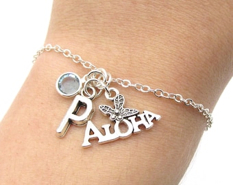 Aloha Bracelet- birthstone and initial, Hawaiian Bracelet, Aloha Jewelry, Hawaii Gift, Traveling to Hawaii, Hawaii Flower, Tropical Gift