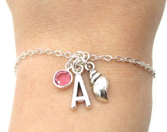 Seashell Charm Bracelet- birthstone and initial, Seashell Jewelry, Beach Gift, Seashell Accessories, Beach Bracelet, Nautical Gift for Her