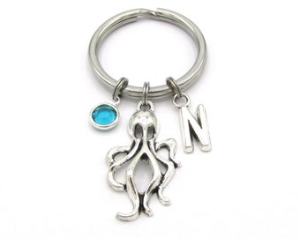 Octopus Keychain- choose birthstone and initial, Octopus Keyring, Personalized Octopus Gift, Ocean Accessories, Ocean Gift, Nautical Keyring