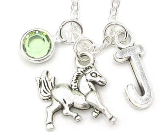 Horse Necklace- birthstone and initial, Personalized Horse Jewelry, Horse Gift, Pony Necklace, Galloping Horse, Silver Horse, Birthday Gift